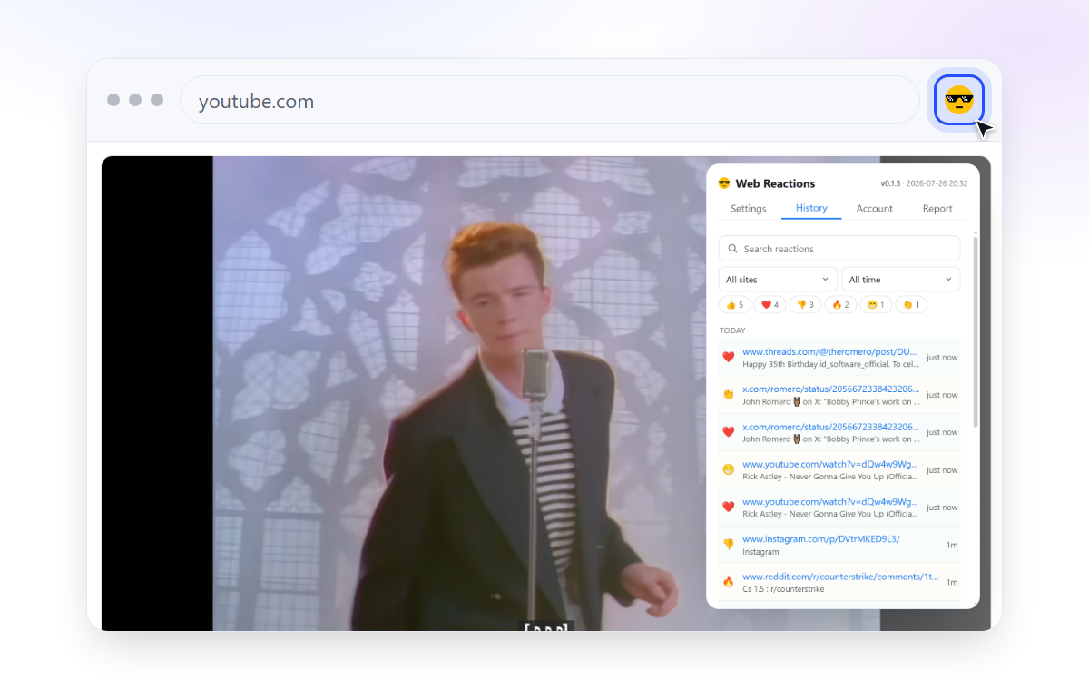 The Web Reactions popup opened from the browser toolbar, showing your reaction history
