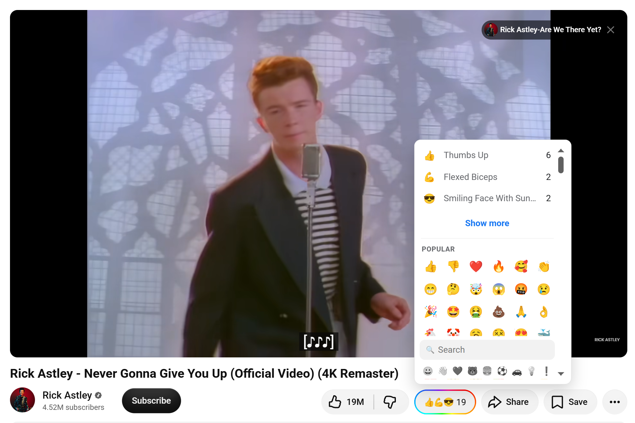 The Web Reactions picker open on a YouTube video, listing the top reactions with counts