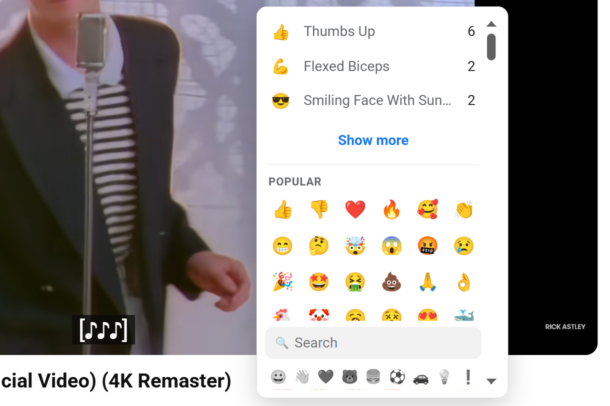 The open Web Reactions picker zoomed in, showing the top reactions with their counts