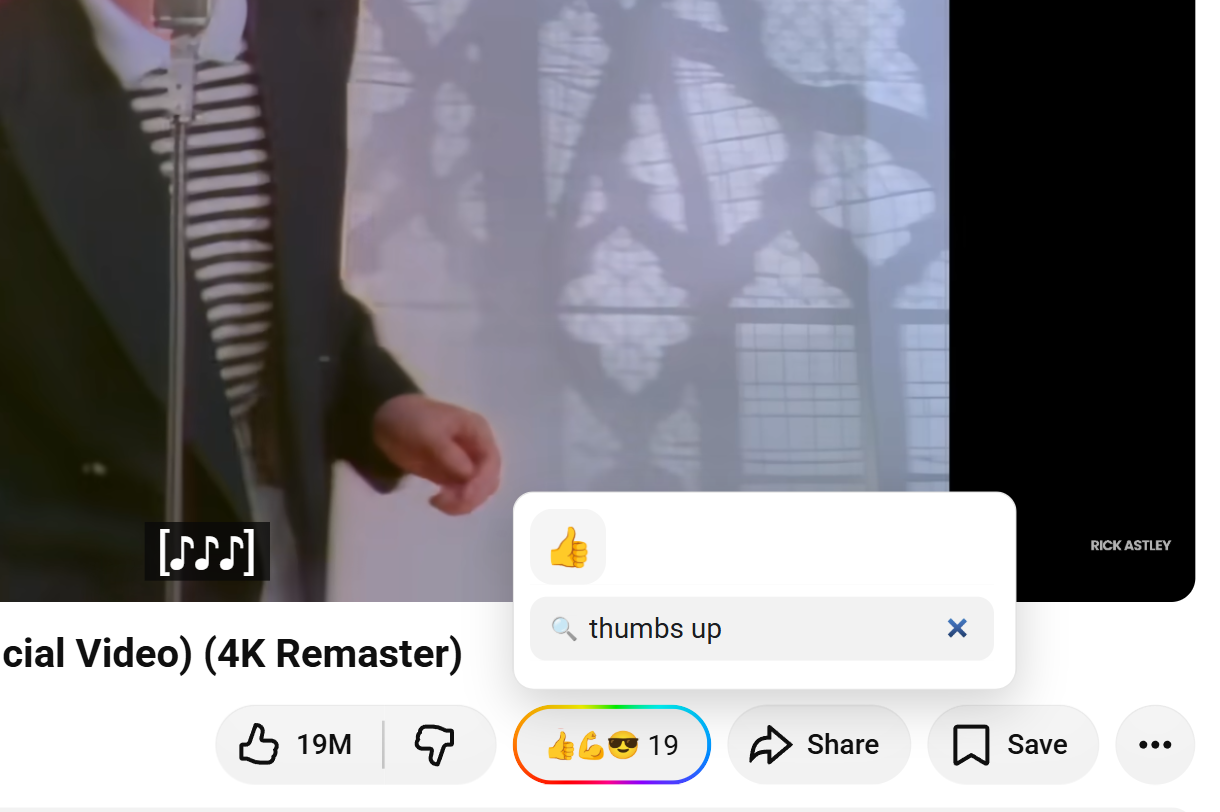 Searching the picker for “thumbs up” and hovering the 👍 reaction, about to add it