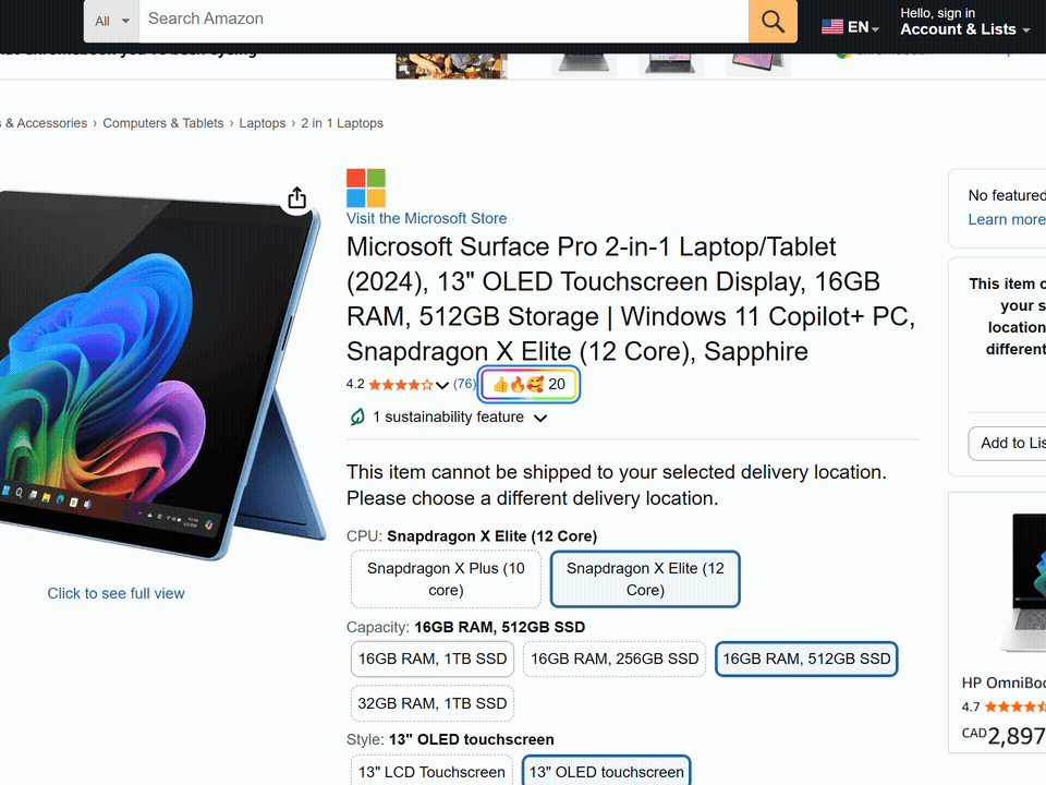 Animated demo of a Web Reactions emoji picker beside an Amazon product rating block.