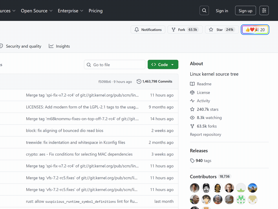 Animated demo of a Web Reactions emoji picker beside a GitHub repository action row.