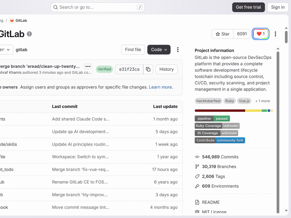 Animated demo of a Web Reactions emoji picker beside a GitLab project action row.