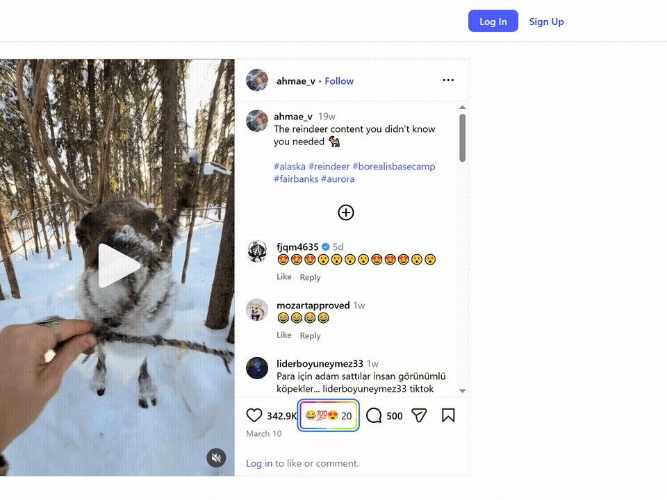 Animated demo of a Web Reactions emoji picker beside an Instagram post's like and comment row.