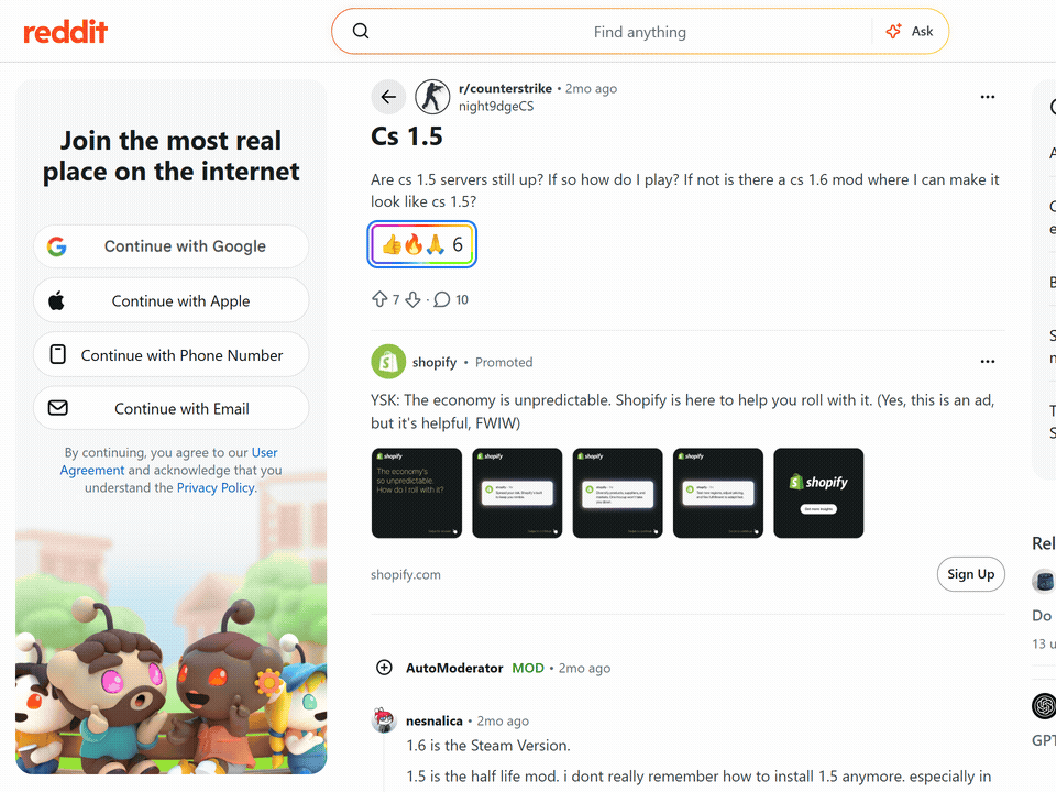 Animated demo of a Web Reactions emoji picker beside a Reddit post's vote and comment row.