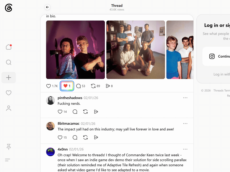 Animated demo of a Web Reactions emoji picker beside a Threads post's like and reply row.
