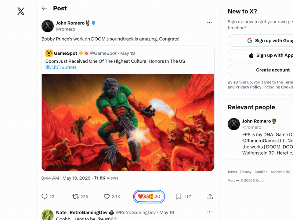 Animated demo of a Web Reactions emoji picker beside an X (Twitter) post's like and repost row.