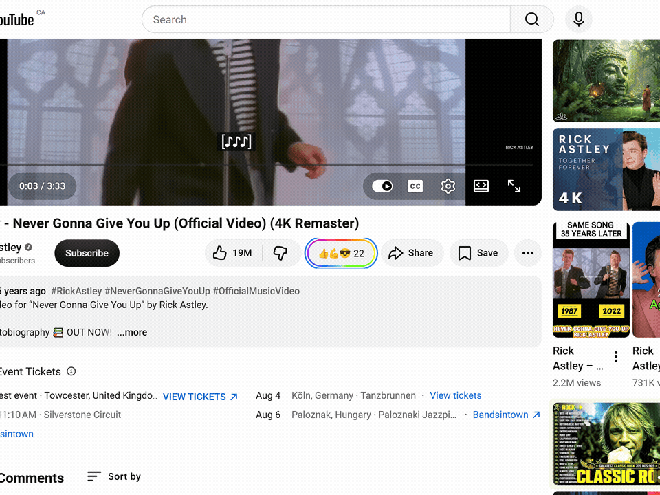 Web Reactions adding an emoji reaction layer beside a YouTube video's like and share row